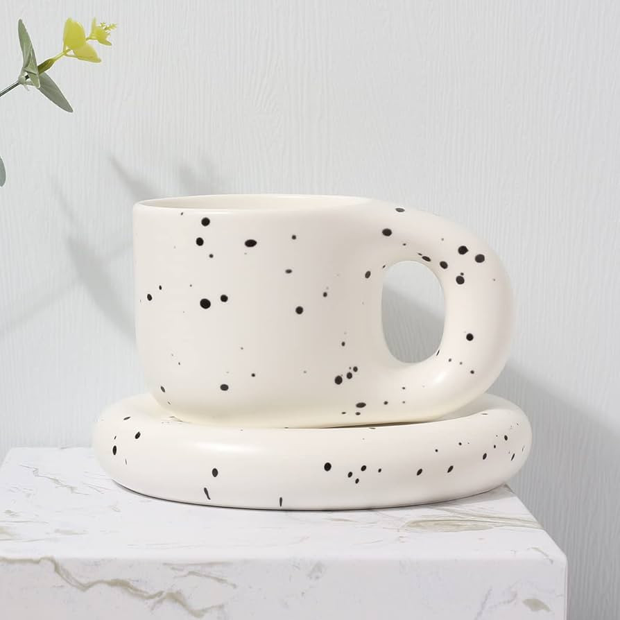 Chubby Funny Coffee Mug, Novelty Cute Cup and Saucer, Matte Crème, 9 oz (White With Black Spots) | Amazon (US)