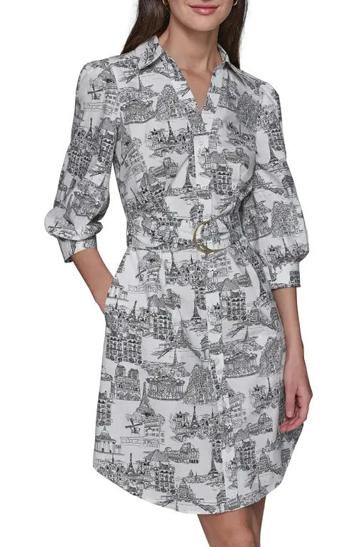 KARL LAGERFELD Landmark Print Cotton Shirtdress in Soft White Black at Nordstrom, Size 8 | Nordstrom