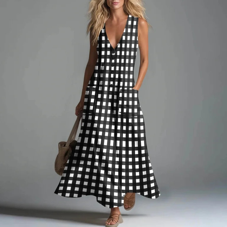 Qulqfy Wedding Guest Summer Dresses for Women Sleeveless Plaid Flowy Maxi Pleat Beach Button Down... | Walmart (US)