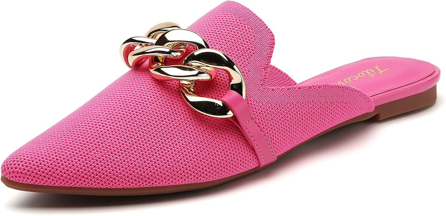 Tilocow Knitted Mules for Women Flats Metal Chain Decor Pointed Toe Mesh Backless Loafers Slip On... | Amazon (US)