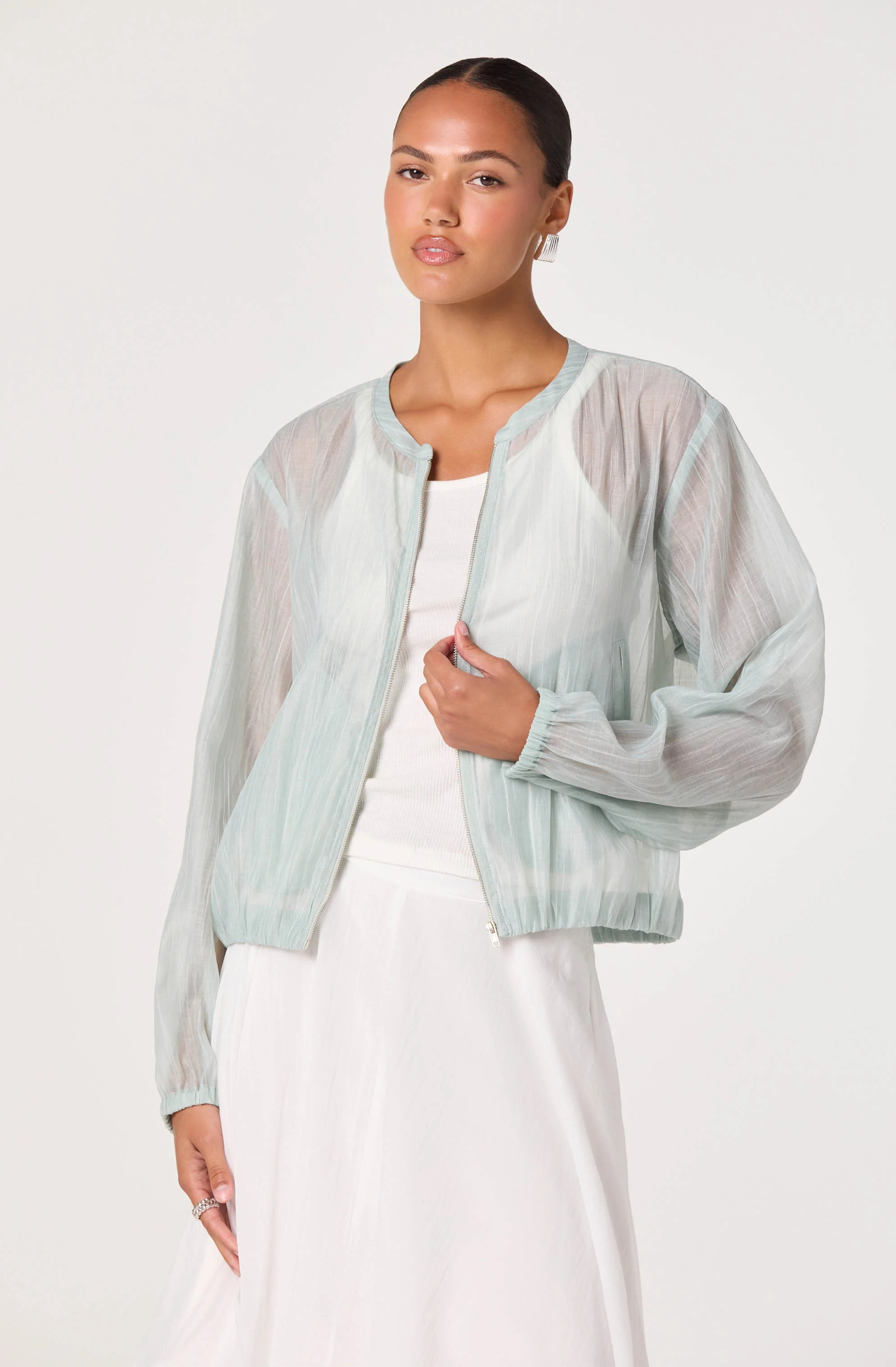 Aeva Sheer Chiffon Bomber Jacket - Mist / XS | ASTR The Label (US)
