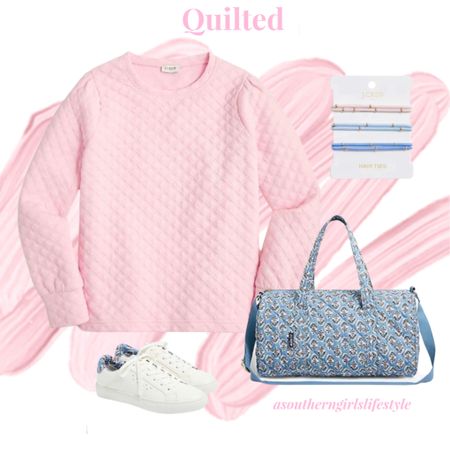 Pink & Blue Quilted for Spring! Loving this cozy trend! 

Everything is on Sale! 

💗Pink Puff Sleeve Quilted Sweatshirt
💗Blue/Pink Floral Quilted Weekender Bag
💗Beaded Hair Ties (cause they’re cute & match)
💗Sneakers with Floral Trim 

J.Crew Factory. 

#LTKunder50 #LTKtravel #LTKstyletip