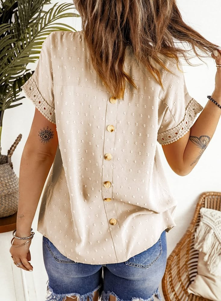 Dokotoo Womens Summer Tops Crewneck Lace Crochet Short Sleeve Shirts Casual Chiffon Blouses | Amazon (US)