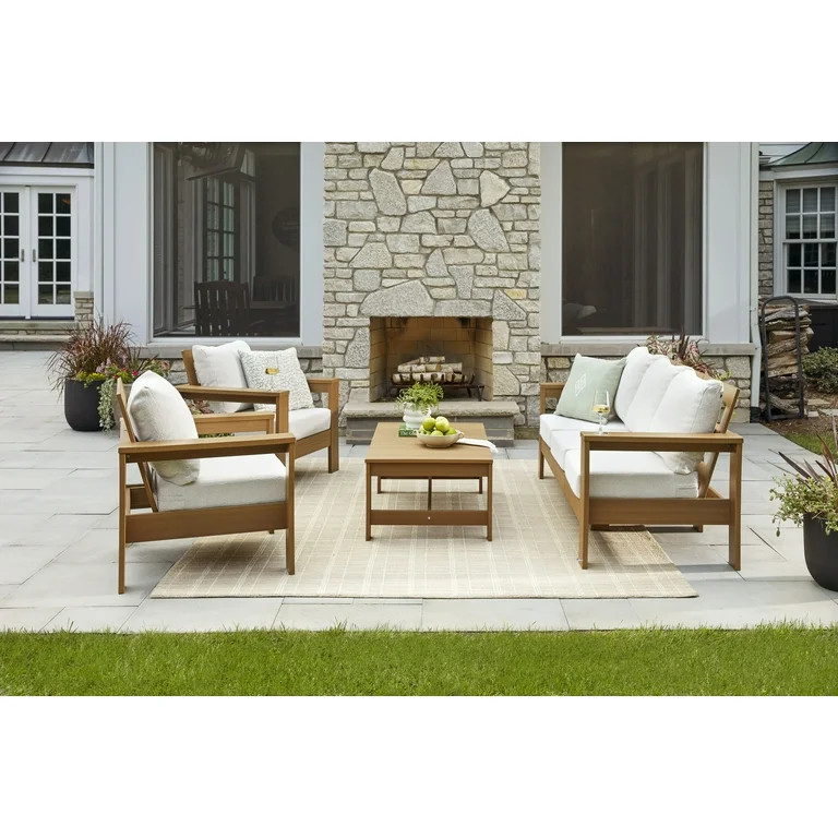 Better Homes & Gardens Ezra 4-Piece Outdoor HDPE Conversation Set, Teak with Cream Boucle Cushion... | Walmart (US)