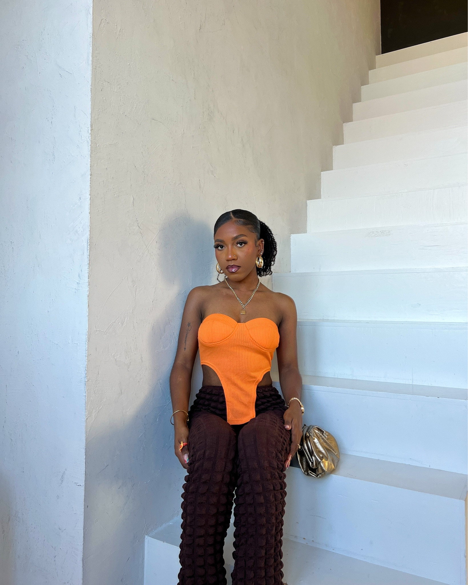 Orange top. Bright orange top. SHEIN top. SHEIN haul. Asymmetrical hem bustier tube top. Comfortable tube top. Orange tube top. Wide leg jeans. Light denim jeans. Gold accessories. Gold hoops. Gold earrings. Gold necklace. Gold bag. SHEIN bag. TikTok viral bag. Trending bag. Dopamine fashion. Summer top. Holiday outfit. Vacation outfit. Asymmetrical tube top. orange top. SHEIN top. SHEIN summer top. textured straight leg pants. brown pants. gold SHEIN bag. popcorn pants. gold accent. gold fashion. chunky earrings

#LTKFind #LTKSeasonal #LTKstyletip