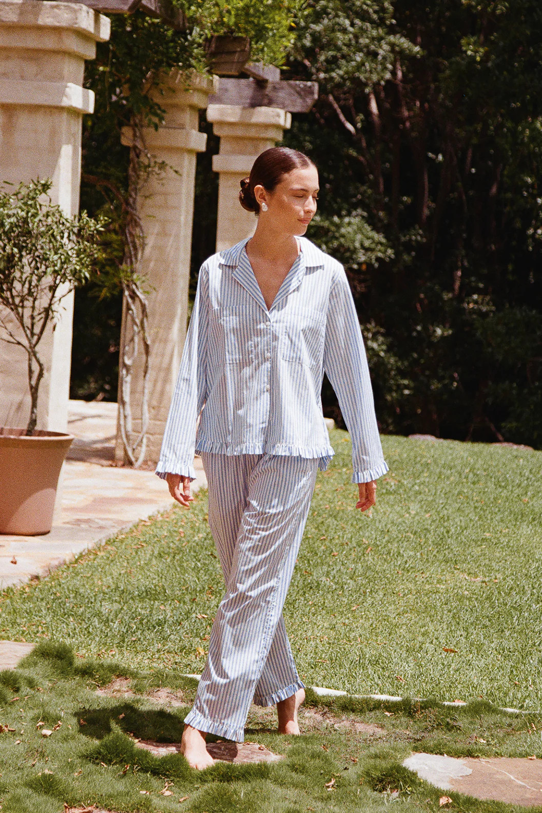 Felicity Frill Pajama Set - Long - Pinstripe Blue | Piyama US