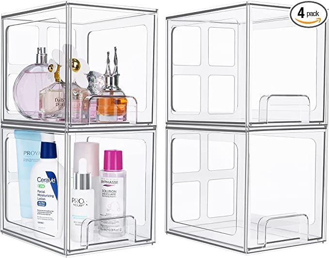 Vtopmart 4 Pack Stackable Makeup Organizer Storage Drawers, 6.6’‘ Tall Acrylic Bathroom Organ... | Amazon (US)