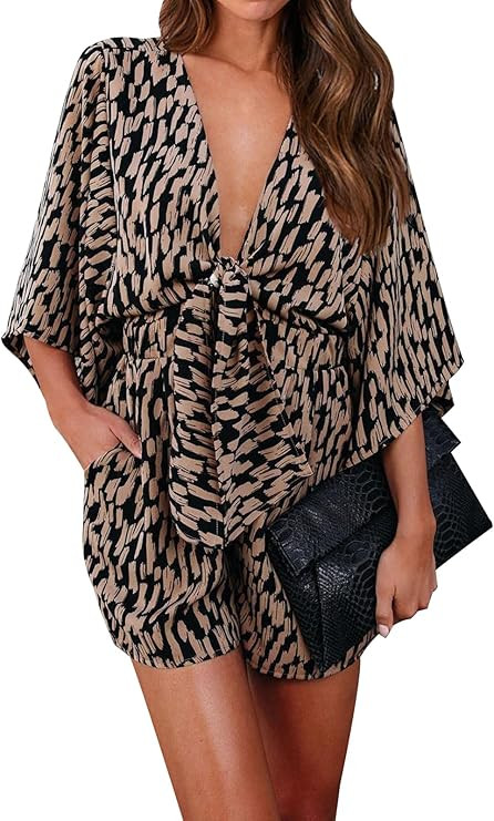 PRETTYGARDEN Women's Leopard Print Shorts Jumpsuit Wrap V Neck 3/4 Sleeve Casual Loose Oversized ... | Amazon (US)