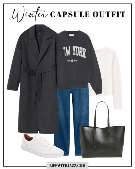 Casual winter capsule outfit 

Belted coat xs
Sweater 10% off at revolve 
Madewell jeans on sale - size down 
Leather tote 
White sneakers 

#LTKworkwear #LTKtravel #LTKunder100