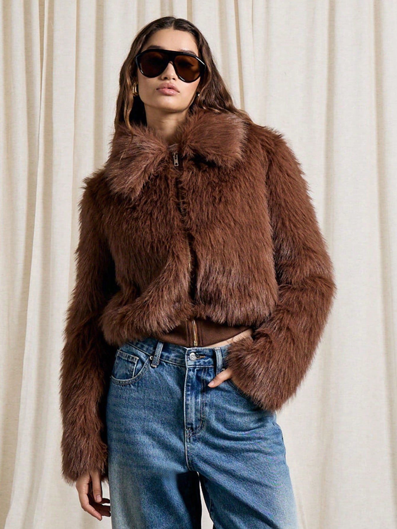 AiiRZ Fluffy Zip Up Collared Long Sleeve Jacket | SHEIN