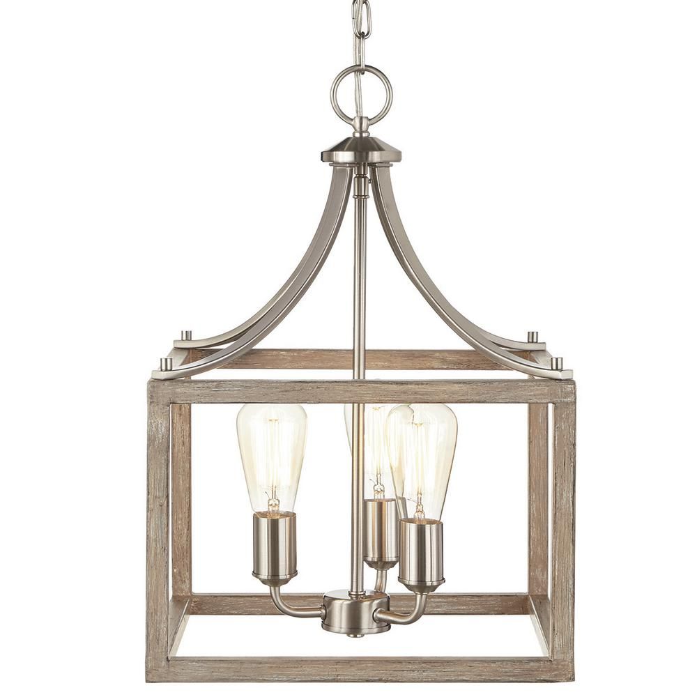 Boswell Quarter 14 in. 3-Light Brushed Nickel Chandelier with Painted Weathered Gray Wood Accents | The Home Depot