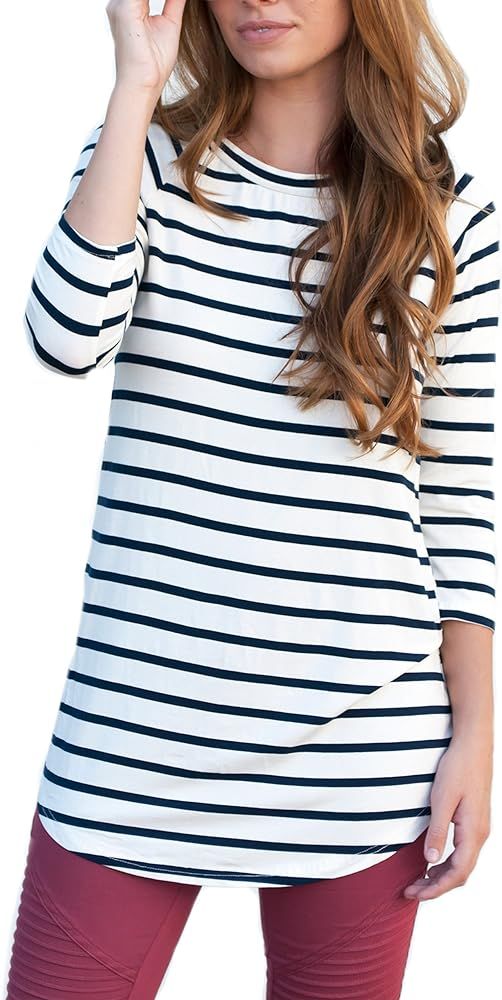 Tickled Teal Womens Striped Tunic 3/4 Sleeve Blouse | Amazon (US)