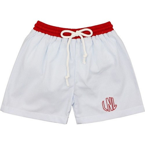 Blue Mini Stripe And Red Swim Trunks - Shipping Mid-June | Cecil and Lou