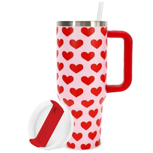 FYSUIMU 40 OZ Valentine's Day Heart Tumbler with Handle Lid Straw Cute Pink Red Hearts Stainless Steel Travel Coffee Tumbler Cup for Wedding Birthday Cold Hot Drinks Party Favor, 1Pcs | Amazon (US)