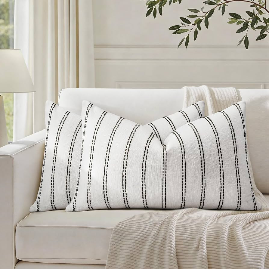 HOMEIDEAS Decorative Black and White Throw Pillow Covers 20x12 Set of 2, Striped Textured Farmhou... | Amazon (US)