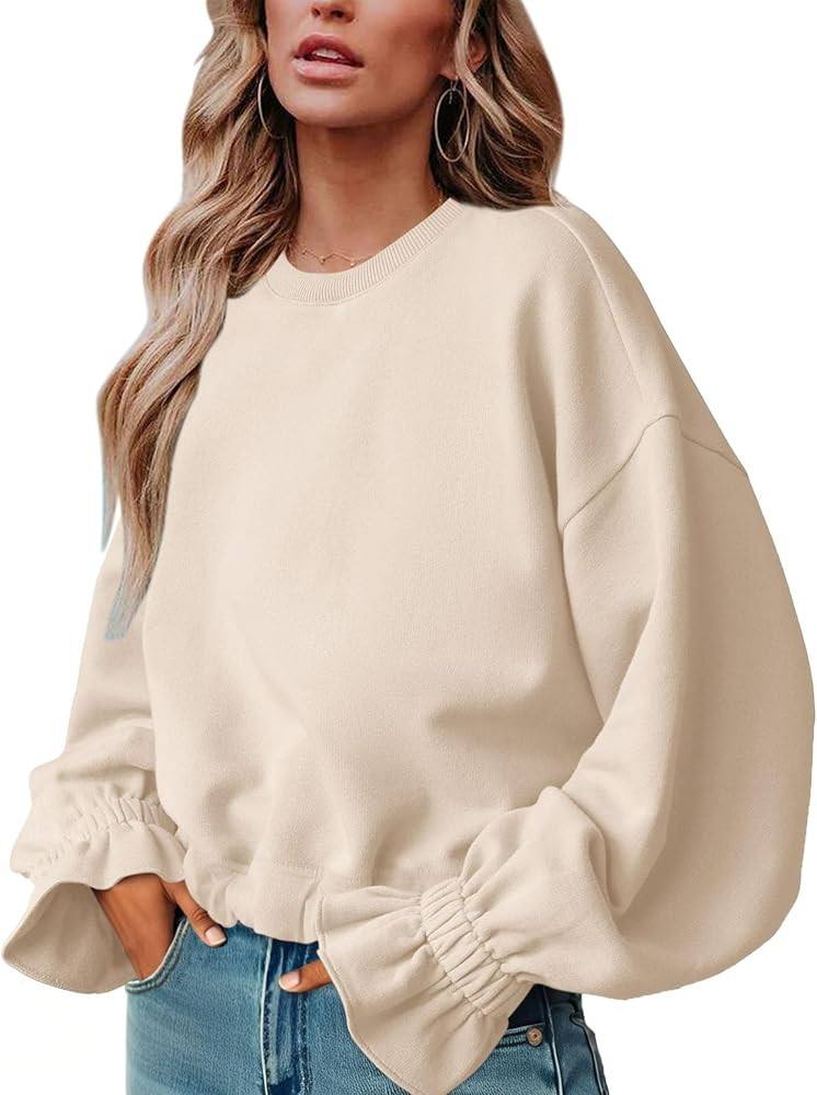 Women's Casual Crew Neck Sweatshirt Long Sleeve Ruched Solid Loose Fitting Pullover Tops | Amazon (US)