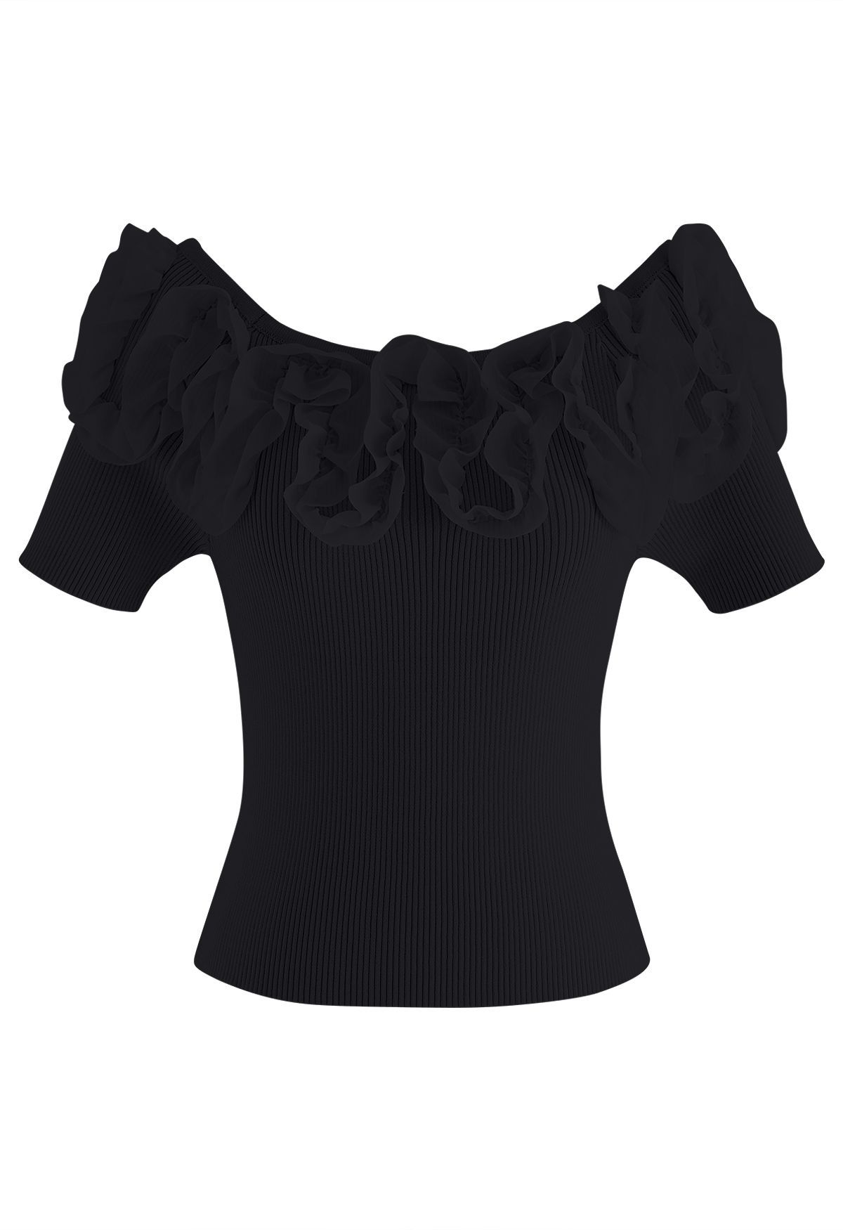 Ruffle Mesh Boat Neck Knit Top in Black | Chicwish
