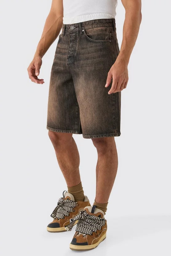 Double Waist Band Denim Jorts In Brown | boohooMAN (US & Canada)