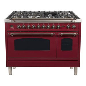 ILVE Nostalgie 48" LP Metal Double Oven Dual Fuel Range in Burgundy/Bronze | Cymax
