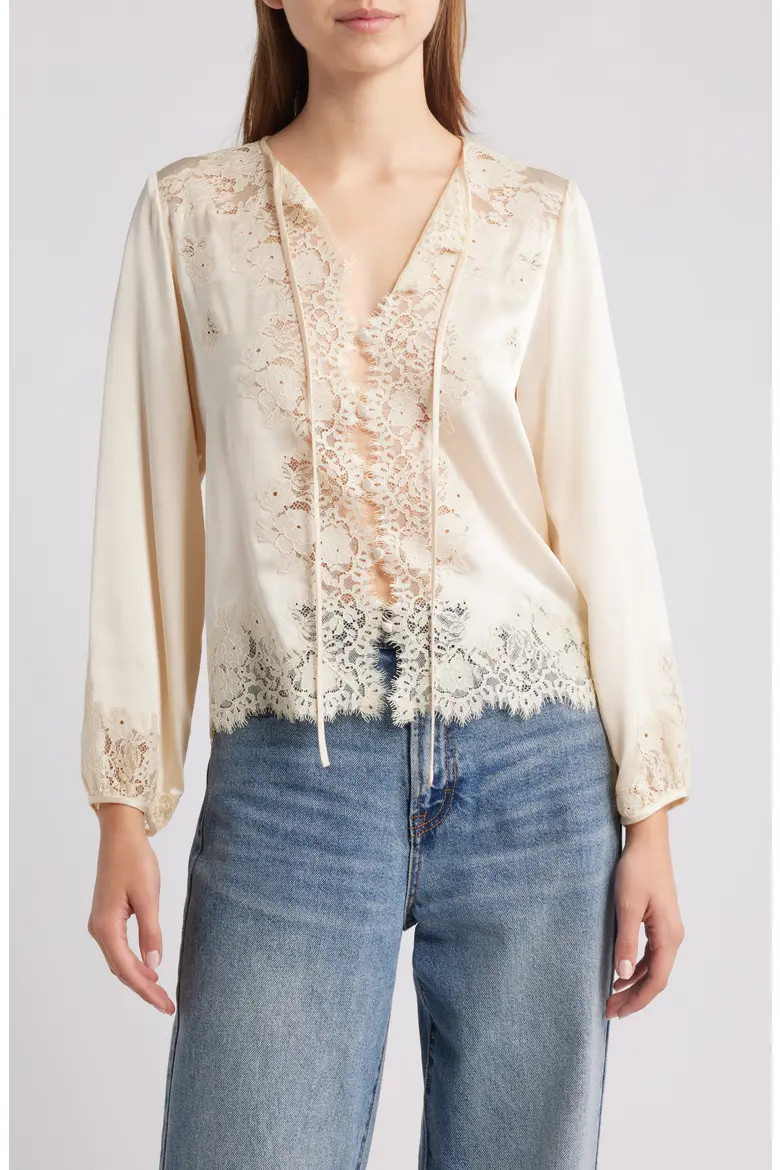 DÔEN Lucine Lace Trim Silk Button-Up Shirt in Candlelight at Nordstrom, Size Medium | Nordstrom