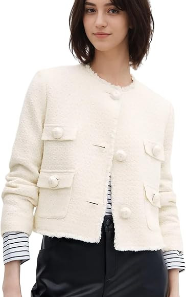 Laosiros Womens Tweed Blazer Jacket with Pocket Slim Fit Work Office Business Short Crop Fall Win... | Amazon (US)