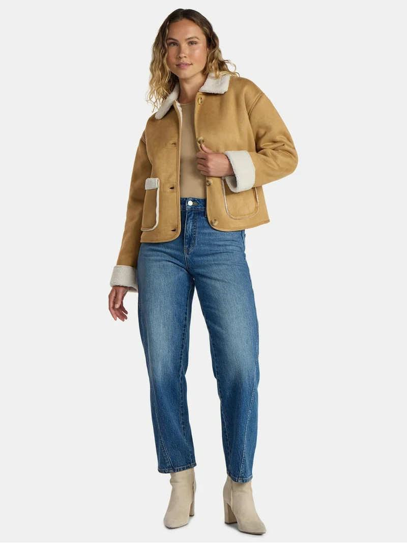 Time and Tru Women's and Women's Plus Bonded Faux Shearling Jacket, Sizes XS-2X | Walmart (US)