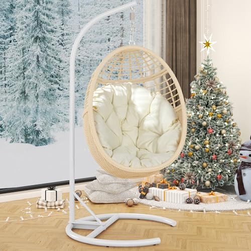 TWT Hanging Egg Chair with Stand, 330lbs Capacity Patio Wicker Egg Swing Chair with UV Resistant Cushion for Bedroom Garden Indoor Outdoor (Beige) | Amazon (US)
