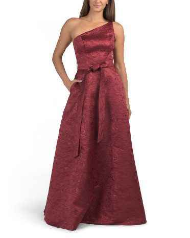 One Shoulder Floral Brocade Gown With Belt for Women | Polyester | Marshalls