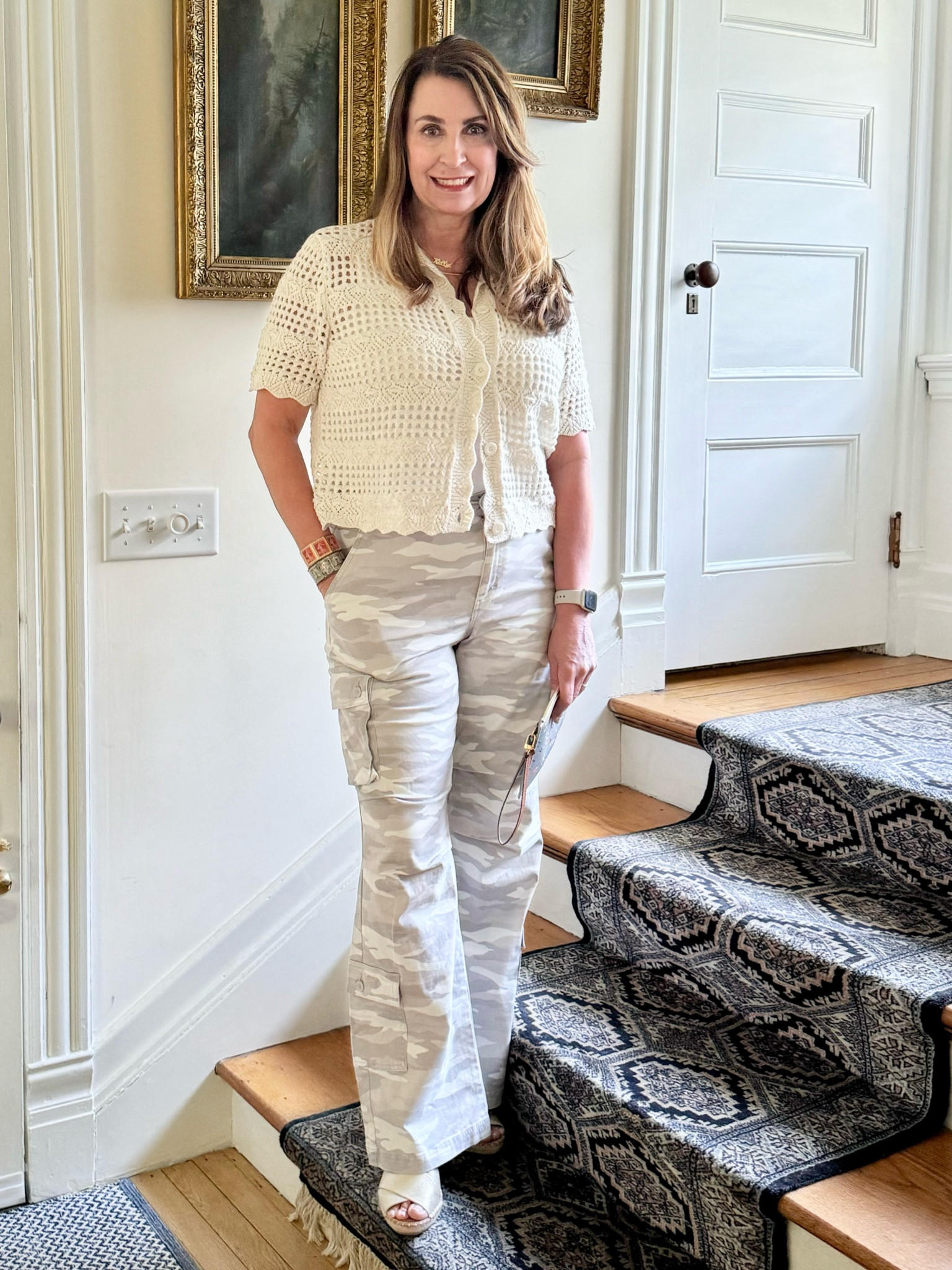 SALE ALERT! Cargo pants are back and these are so flattering! I love them so much I got 3 pairs including these gray camos.
Dress these up or down. I went neutral with a cute crochet button down and my favorite silver wedges that I can walk in all night long. 

#LTKFindsUnder50 #LTKMidsize #LTKSummerSales