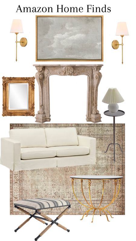 Amazon home furniture- white sofa under $1000, pleated mini lamp, round glass gold coffee table, neutral Loloi rug, striped stool ottoman, side table, gold frame mirror, gold wall sconces with shade, Parisian mantle fireplace 

#LTKstyletip #LTKCyberweek #LTKhome