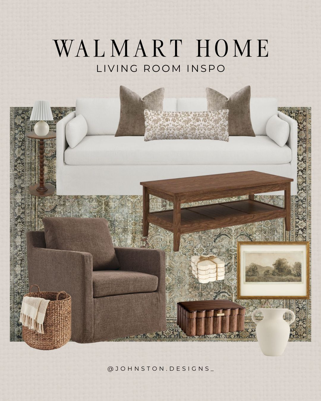 Moody neutrals with timeless texture. 🤍 Sharing cozy, elevated living room inspo from Walmart.

Walmart home, living room inspo, moody living room, traditional style, cozy home, neutral decor, warm tones, vintage inspired rug, wood coffee table, accent chair, classic home, affordable decor, high end look, designer style, collected home, look for less. 

 #LTKHome