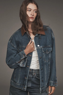The Weston Leather-Collar Denim Boyfriend Jacket by Pilcro | Anthropologie (US)