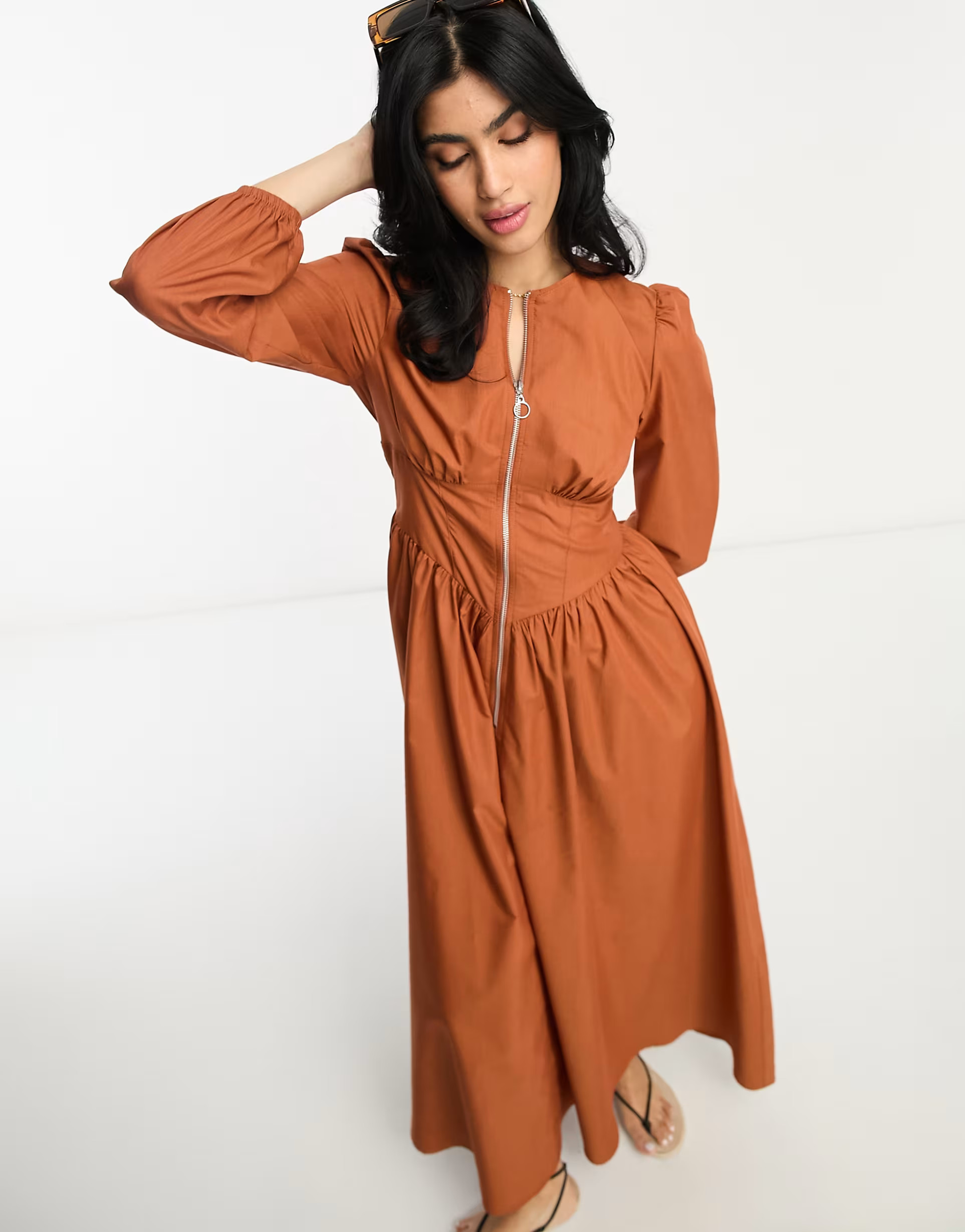 ASOS DESIGN cotton utility drop waist maxi dress with zip detail in tobacco | ASOS (Global)