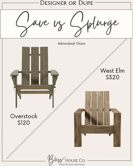 Save or splurge- Adirondack Chairs 

West elm, #overstock, #summerourdoors #spring #summerdecor

#LTKsalealert #LTKFind #LTKhome