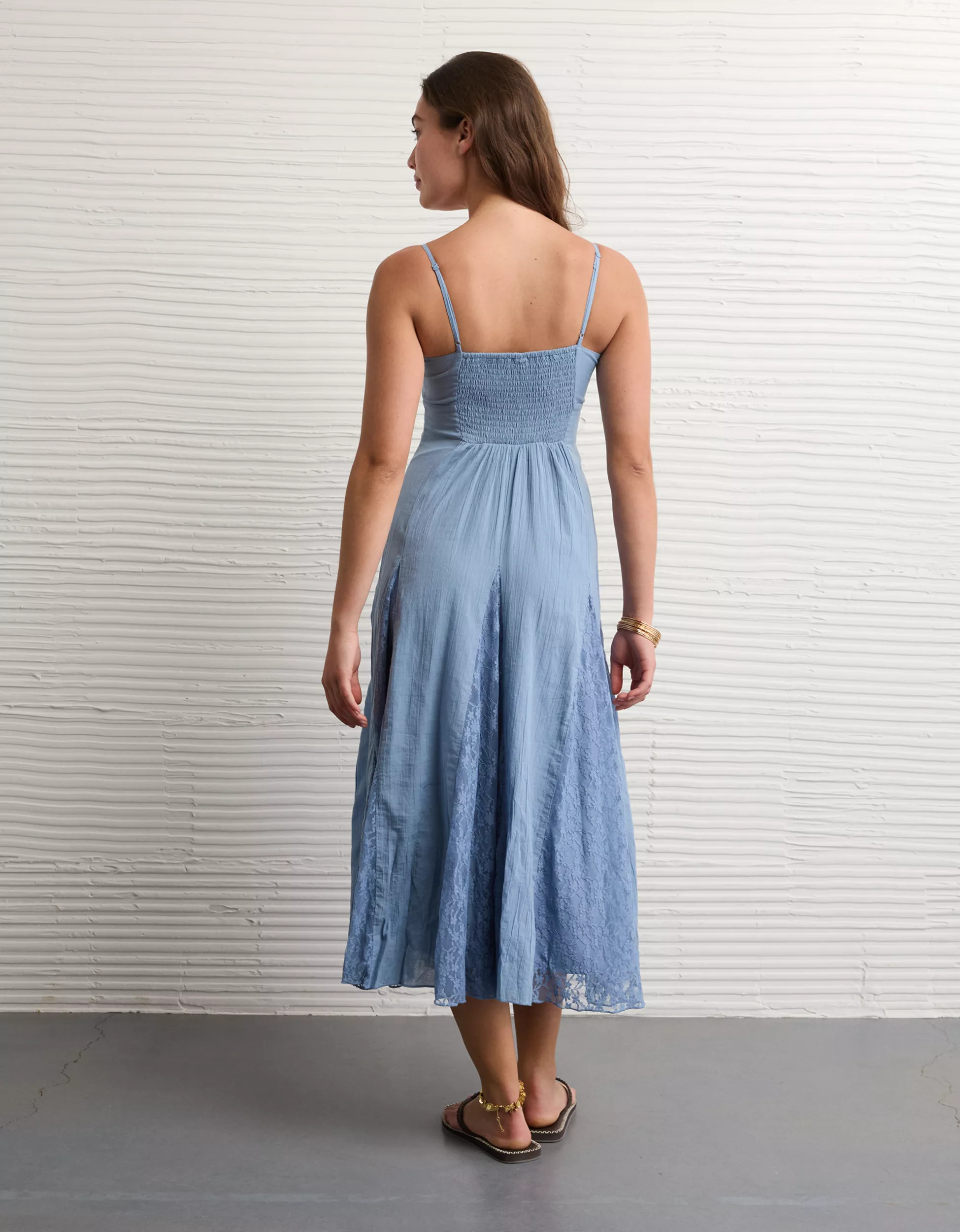 AE V-Neck Pleated Lace Midi Dress | American Eagle Outfitters (US & CA)