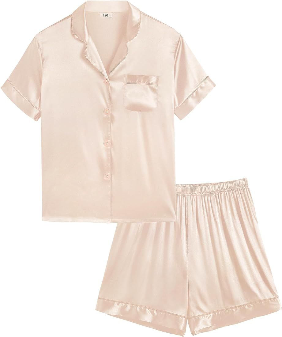SWOMOG Satin Kid Pajamas for Girls Silk Pjs Set Boys Sleepwear Button-up Lounge Sets Short Sleeve... | Amazon (US)