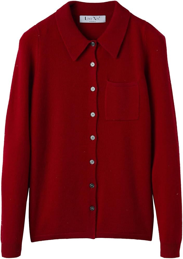 LINY XIN Women's Cardigan Sweaters 100% Merino Wool Spring Button Down Polo Collar Long Sleeve So... | Amazon (US)