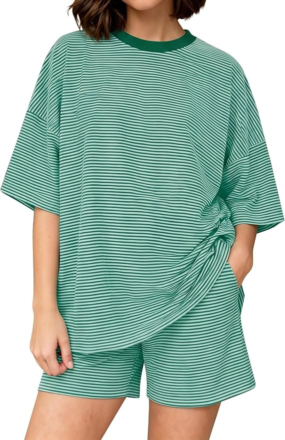 Women Striped Lounge Set Short Sleeve Pajama Sets Oversized T Shirts High Waist Shorts 2 Piece Ma... | Amazon (US)