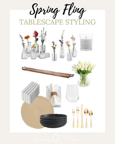 Everything you need to style a beautiful spring tablescape. Glass bud vases with faux tulips on a long wood tray. Neitral placesettings with round jute placemats and scalloped edged black matte dinner bowls. Striped napkins with rattan napkin rings. Gold flatware and stemless wineglasses complete the look. #spring #tablescape #placesettings 

#LTKhome #LTKunder50 #LTKSeasonal
