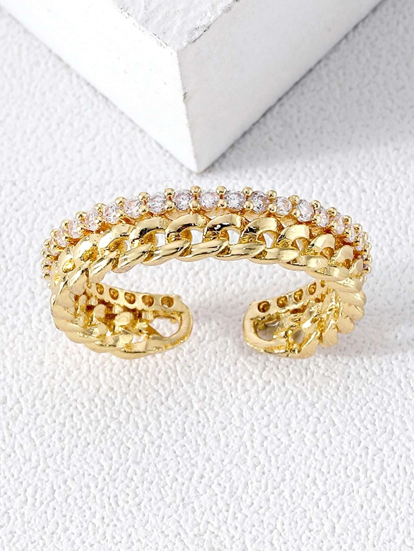 18K Gold Plated Zircon Decor Chain Design Cuff Ring | SHEIN