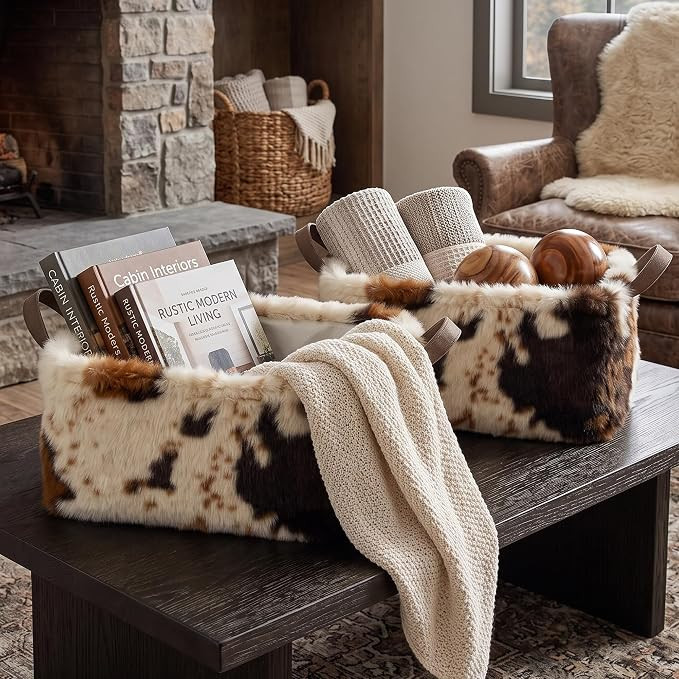 BBSET 2 Pcs Western Cow Print Storage Baskets Artificial Faux Fur Fluffy Fabric Organizer Bins wi... | Amazon (US)