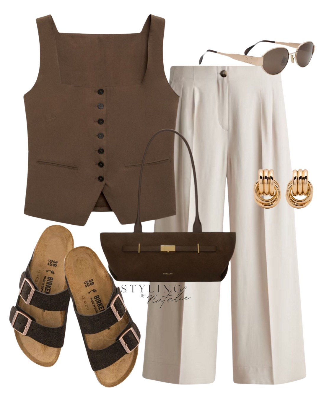 Summer waistcoat styling 🤎

A chocolate brown structured vest, wide-leg tailored trousers, Birkenstock suede sandals, suede handbag, gold accessories, chunky gold hoops, and Celine sunglasses. A minimalist, polished look perfect for a city break, summer strolls, or a casual brunch.
Effortless Chic, Neutral outfit, relaxed sophistication with comfort. Summer outfits, high street, Mango, suede elements.

#LTKeurope #LTKsummer #LTKuk
