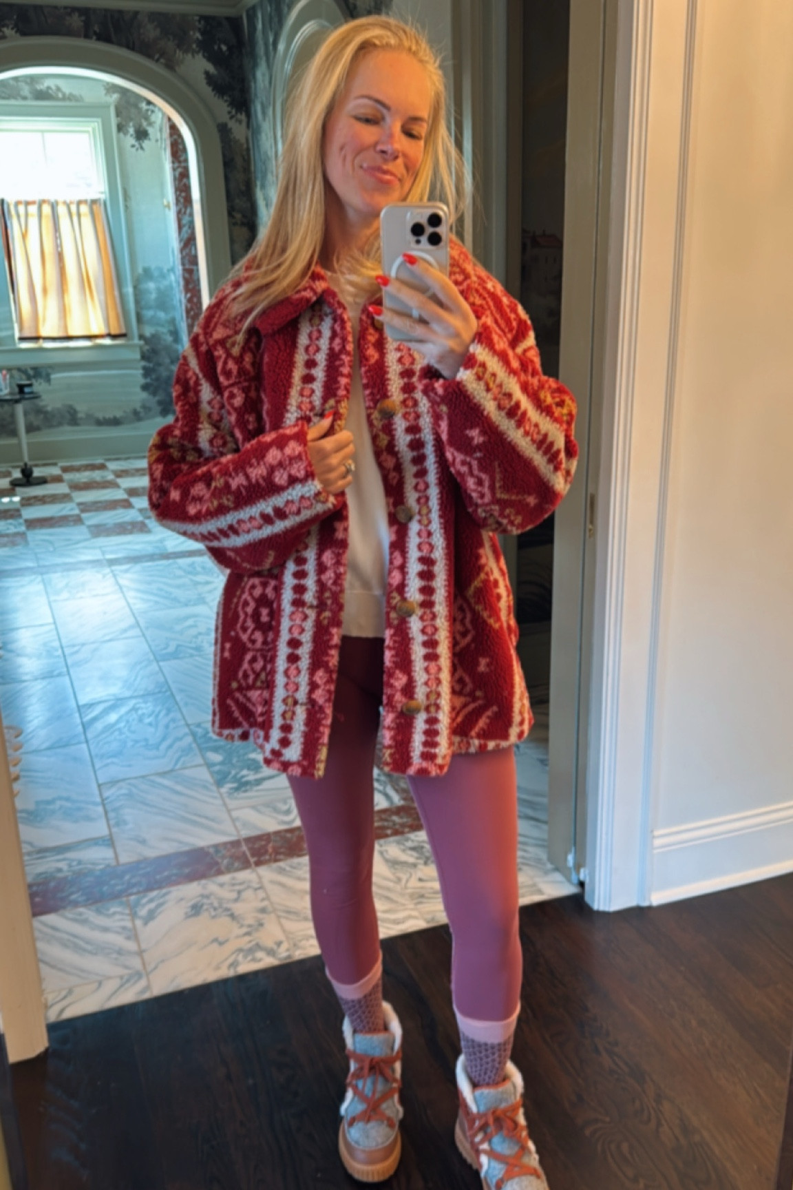 Cozy is the word for todays outfit! #ootd this warm and fuzzy shacket is sold out but i found a few of them on Poshmark and am linking some similar options! My boots are on repeat and i love the dusty rose color of these leggings! 

#LTKOver40 #LTKSeasonal #LTKActive