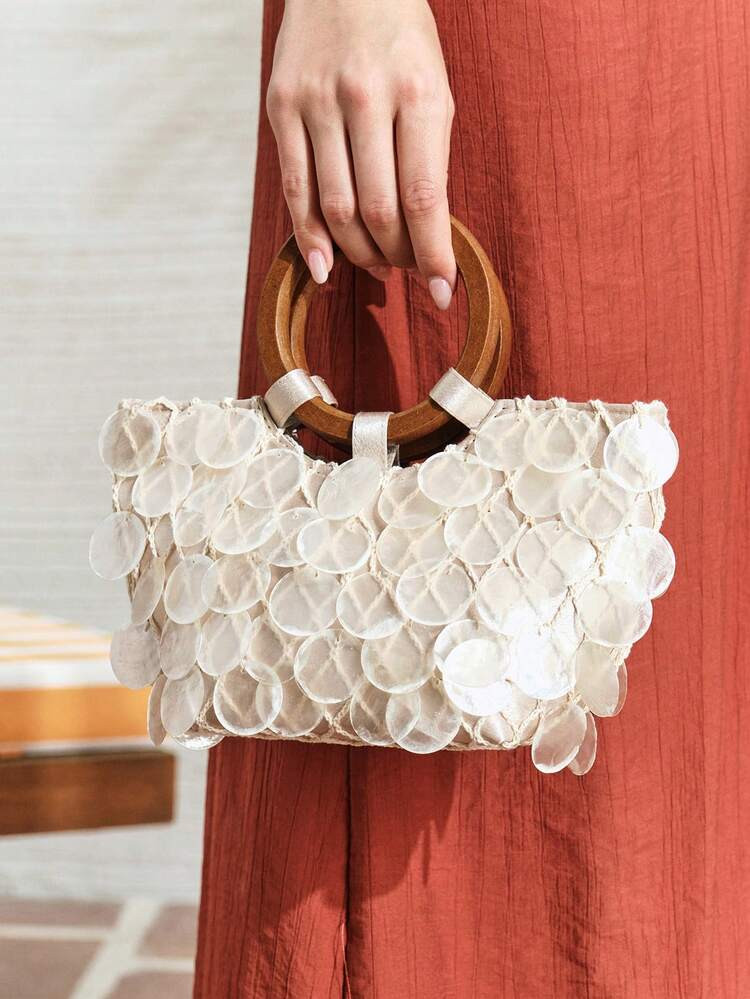 Ladies, Women Imitation Round Seashell Pieces Top Handle Bags, Wooden Handle, Fashionable, Elegan... | SHEIN