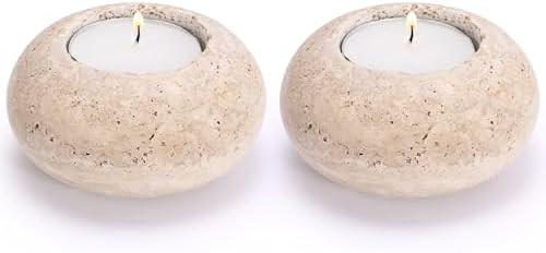 OwnMy 2PCS Travertine Tealight Candle Holders Decorative Stone Candle Holders Set, Elegant Traver... | Amazon (US)