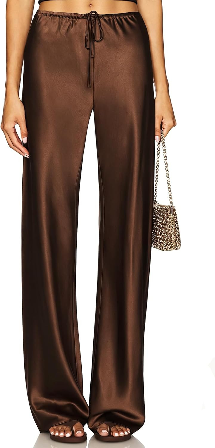 Women's Satin Wide Leg Pants Drawstring Elastic High Waisted Casual Flowy Leg Loose Straight Leg Trousers | Amazon (US)