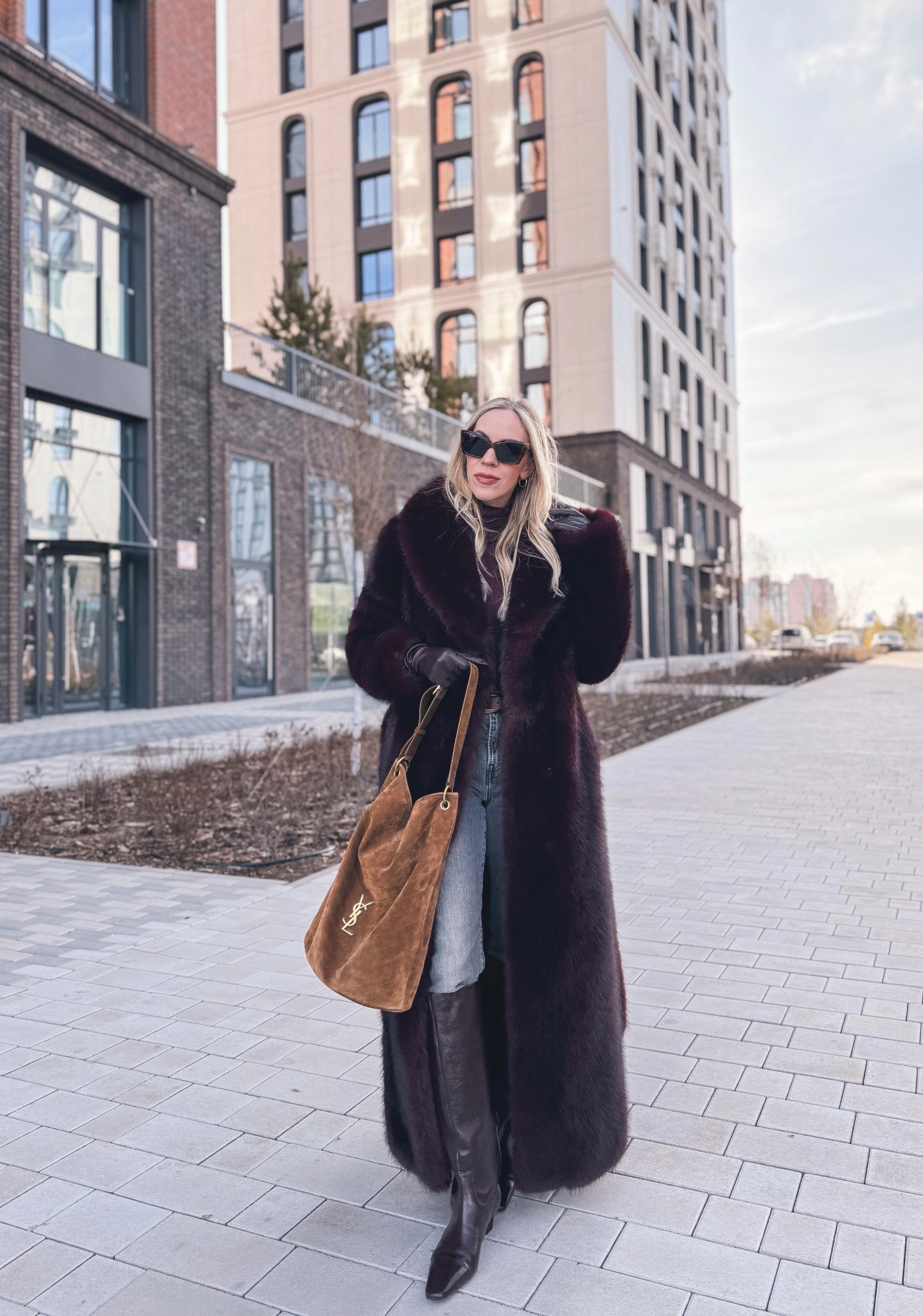 Burgundy faux fur coat, burgundy and gray outfit, burgundy boots, suede Saint Laurent bucket bag, long leather gloves, winter outfit 

#LTKOver40 #LTKSeasonal #LTKFindsUnder100