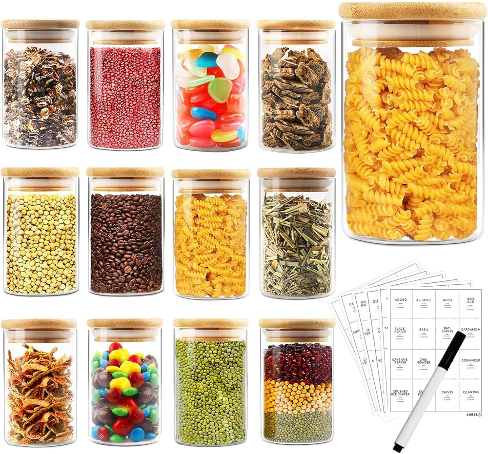 AISIPRIN 12 Pcs Glass Spice Jars with Bamboo Airtight Lids and 114 Labels - 9oz Small Food Storag... | Amazon (US)
