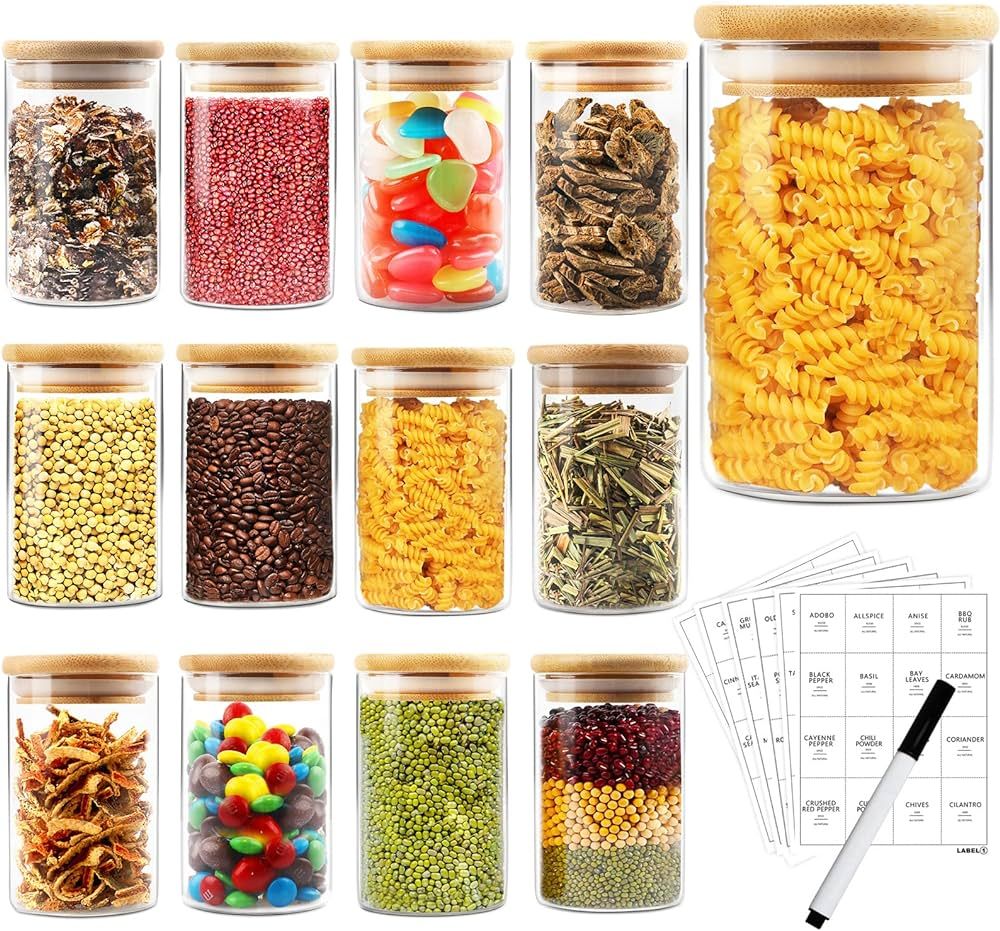 AISIPRIN 12 Pcs Glass Spice Jars with Bamboo Airtight Lids and 114 Labels - 9oz Small Food Storag... | Amazon (US)