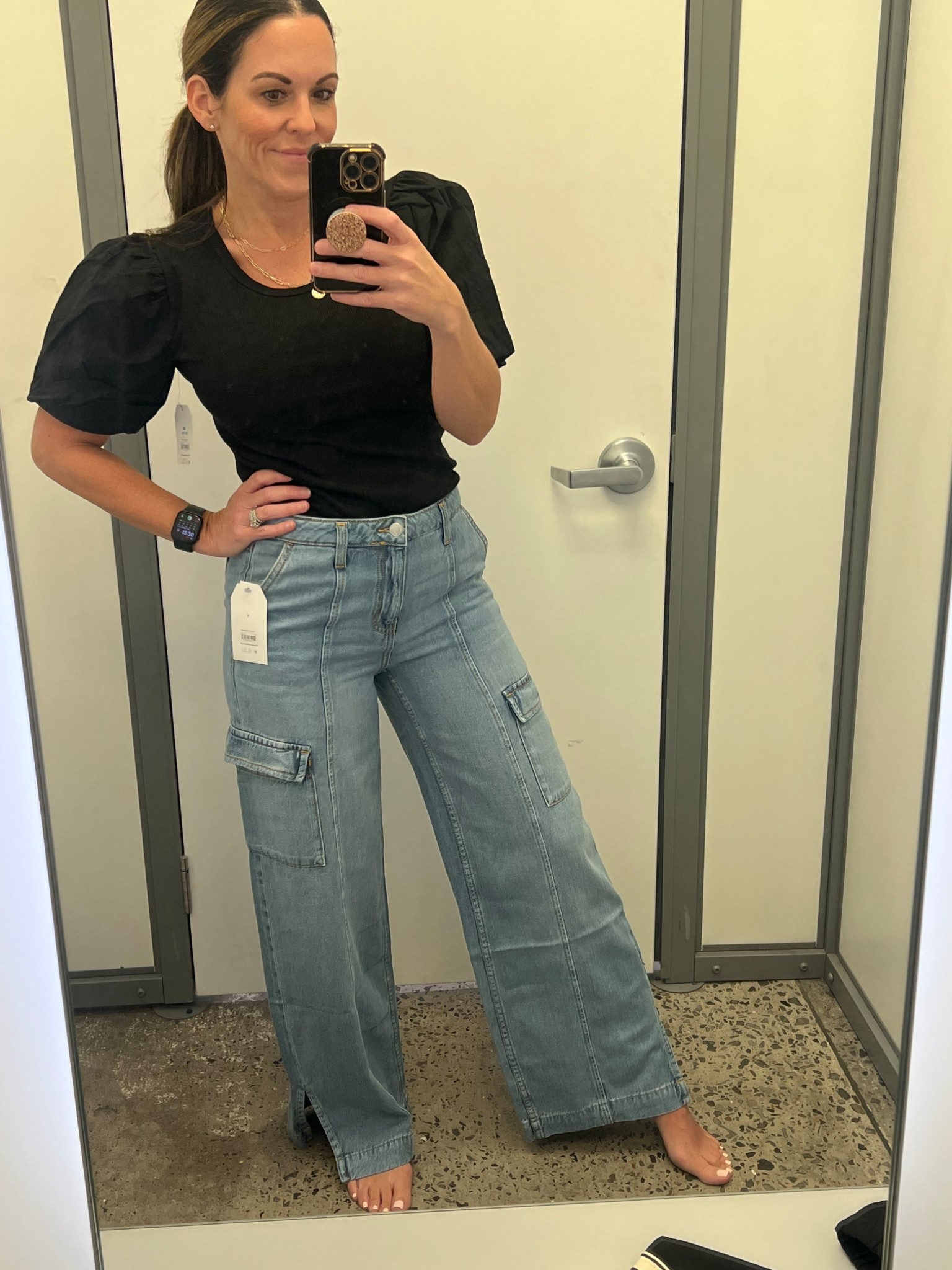Found the cutest cargo jeans and top @walmart! The softness of the denim is amazing. And the cute slits at the bottom are so fun. I also snagged these black kitten heels to complete the look! 👀 😍 

#LTKFindsUnder50 #LTKStyleTip #LTKBeauty